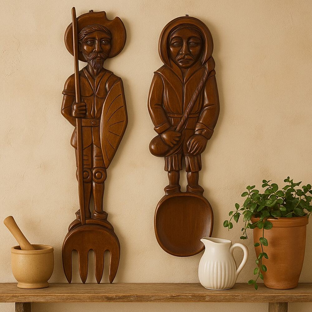 Vintage Hand Carved Wood Wall Art Spoon & Fork Set 26" & 30" Folk Decor
